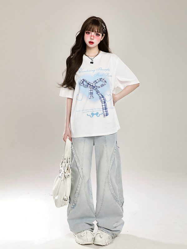 Retro American Vibe Wide-Leg Jeans for Women - Light-Colored Casual Draped Floor-Length Pants for Spring Fashion