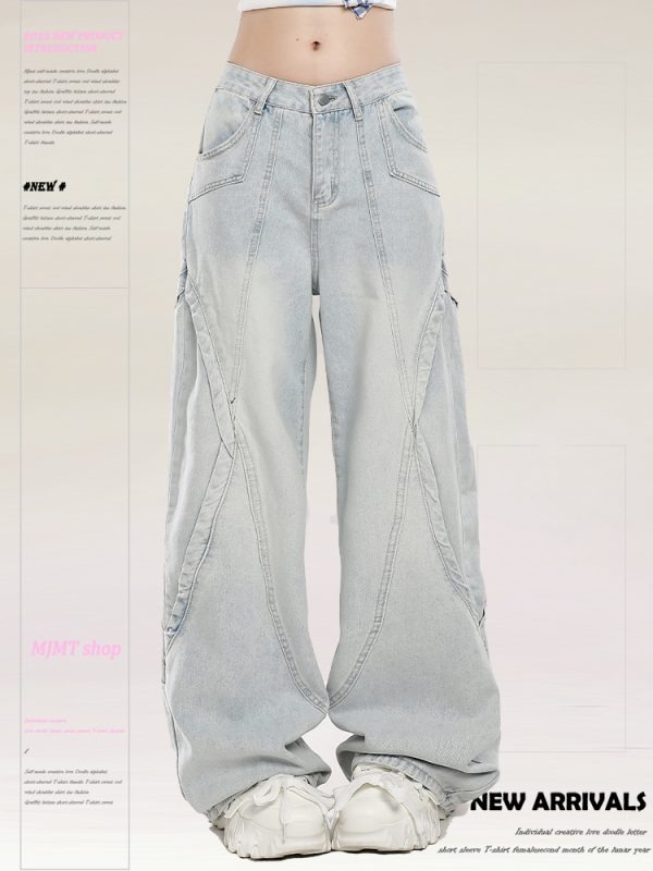 Retro American Vibe Wide-Leg Jeans for Women - Light-Colored Casual Draped Floor-Length Pants for Spring Fashion