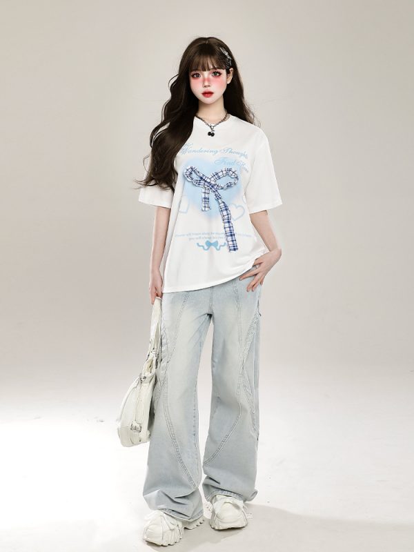 Retro American Vibe Wide-Leg Jeans for Women - Light-Colored Casual Draped Floor-Length Pants for Spring Fashion