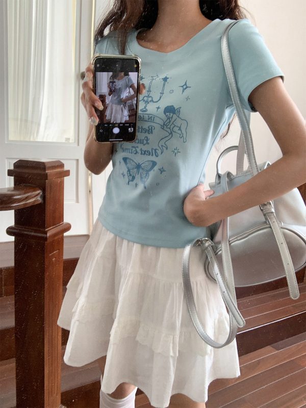 Retro Angel Print Slim Fit Short Sleeve T-Shirt for Women - Summer 2025 Style, Casual, Y2K, Trendy Top