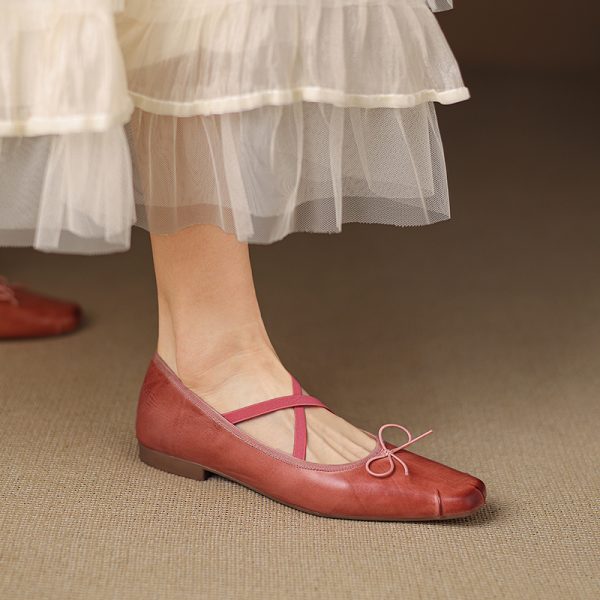 Retro Artistic Deer & Nara Handmade Genuine Leather Cross Strap Slimming Flat Ballet Shoes for Women - Y2K Fashion Style