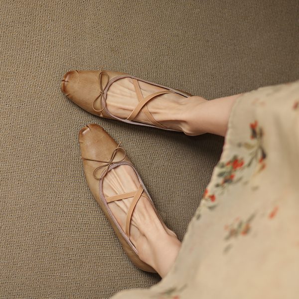 Retro Artistic Deer & Nara Handmade Genuine Leather Cross Strap Slimming Flat Ballet Shoes for Women - Y2K Fashion Style