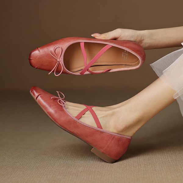 Retro Artistic Deer & Nara Handmade Genuine Leather Cross Strap Slimming Flat Ballet Shoes for Women - Y2K Fashion Style
