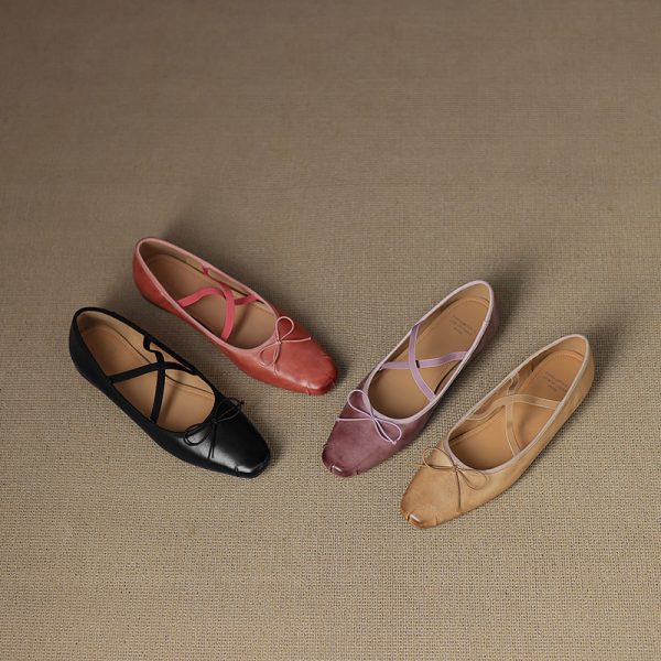 Retro Artistic Deer & Nara Handmade Genuine Leather Cross Strap Slimming Flat Ballet Shoes for Women - Y2K Fashion Style