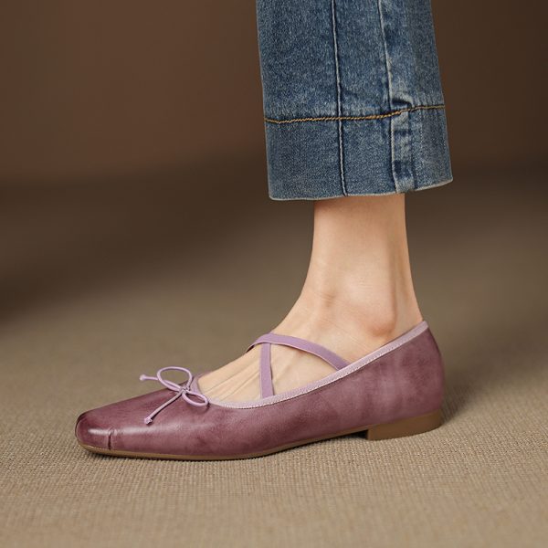 Retro Artistic Deer & Nara Handmade Genuine Leather Cross Strap Slimming Flat Ballet Shoes for Women - Y2K Fashion Style