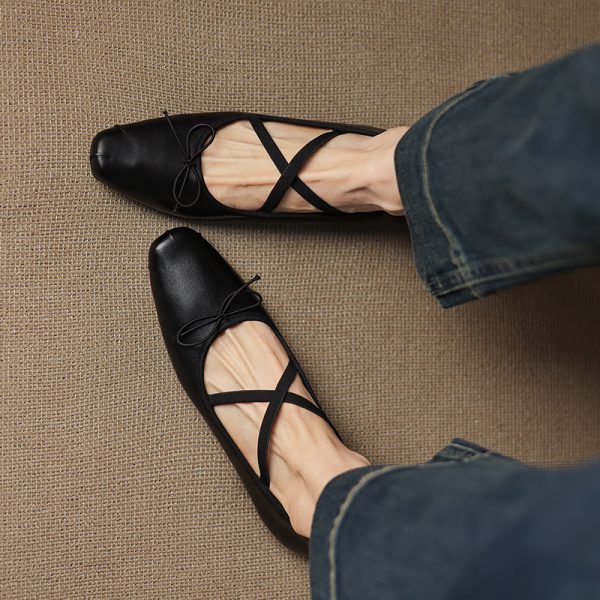 Retro Artistic Deer & Nara Handmade Genuine Leather Cross Strap Slimming Flat Ballet Shoes for Women - Y2K Fashion Style