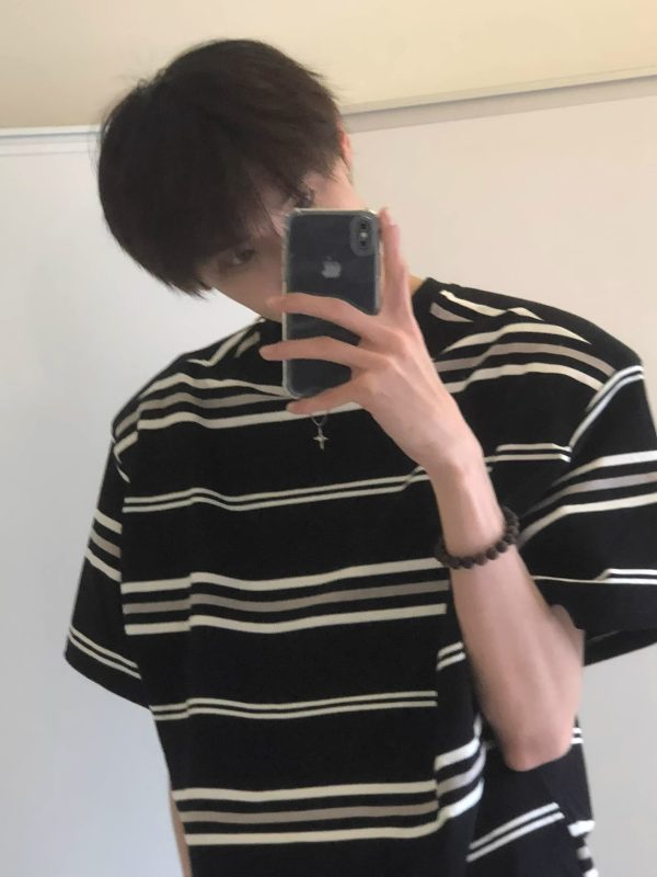 Retro Black and White Striped Short Sleeve Cotton T-Shirt for Men and Women - Oversized College Style Summer Top