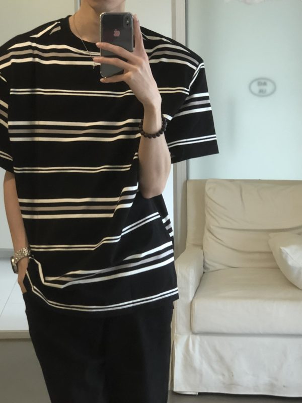 Retro Black and White Striped Short Sleeve Cotton T-Shirt for Men and Women - Oversized College Style Summer Top