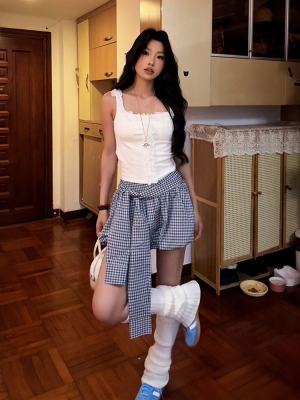 Retro Blue Checkered Floral Bud A-Line Skirt for Women - High-Waisted Hot Short Summer Fashion