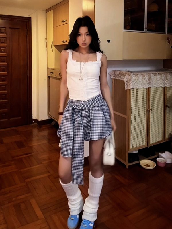 Retro Blue Checkered Floral Bud A-Line Skirt for Women - High-Waisted Hot Short Summer Fashion