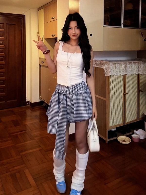 Retro Blue Checkered Floral Bud A-Line Skirt for Women - High-Waisted Hot Short Summer Fashion