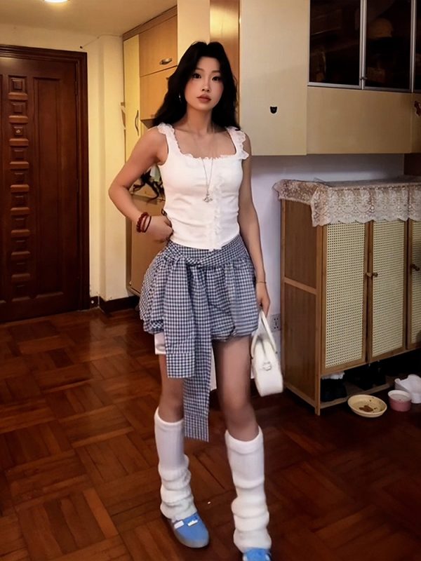 Retro Blue Checkered Floral Bud A-Line Skirt for Women - High-Waisted Hot Short Summer Fashion