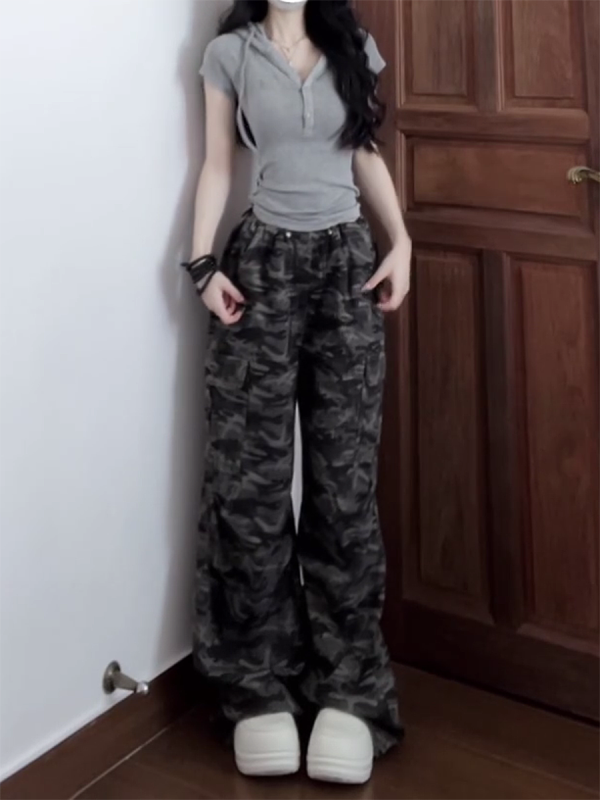Retro Camouflage Wide-Leg Work Pants for Women - Loose-Fitting Slimming Hip-Hop Casual Floor-Length Trousers