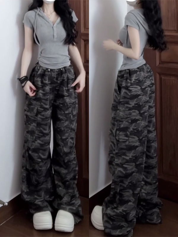 Retro Camouflage Wide-Leg Work Pants for Women - Loose-Fitting Slimming Hip-Hop Casual Floor-Length Trousers