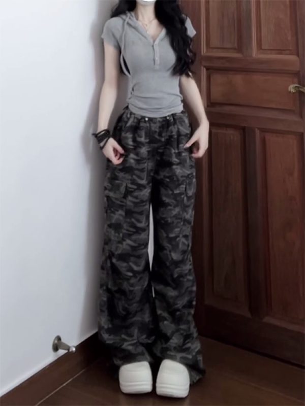 Retro Camouflage Wide-Leg Work Pants for Women - Loose-Fitting Slimming Hip-Hop Casual Floor-Length Trousers