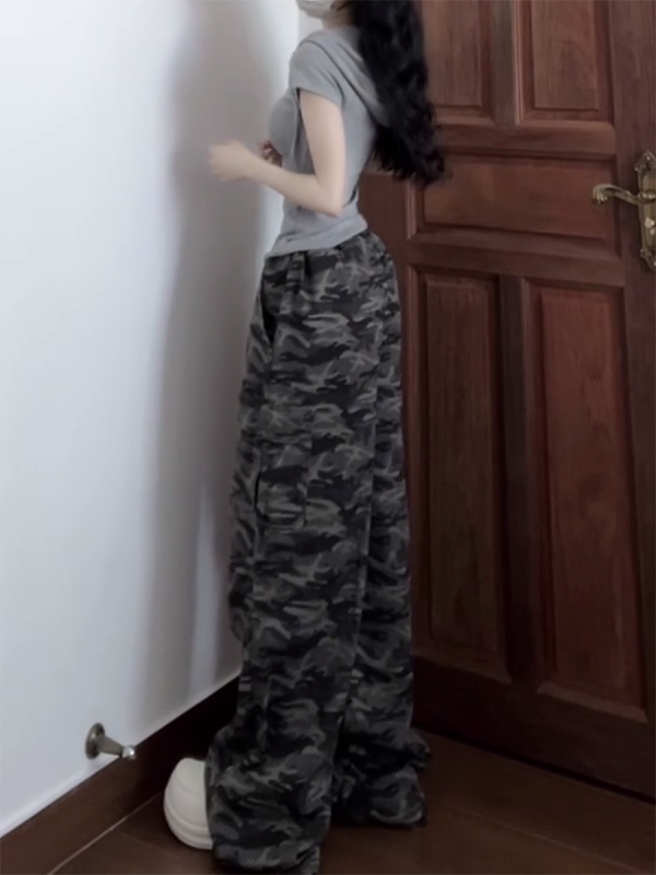 Retro Camouflage Wide-Leg Work Pants for Women - Loose-Fitting Slimming Hip-Hop Casual Floor-Length Trousers
