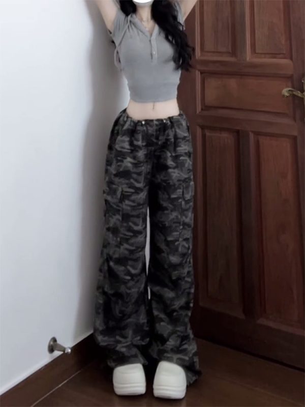 Retro Camouflage Wide-Leg Work Pants for Women - Loose-Fitting Slimming Hip-Hop Casual Floor-Length Trousers