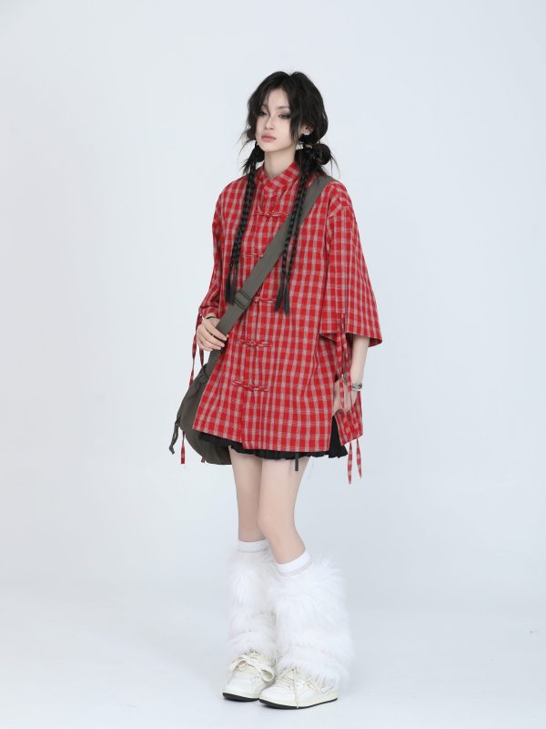 Retro Chinese-Style Red Plaid Short Sleeve Shirt for Women - Unique Loose Fit, Vintage-Inspired Fashion