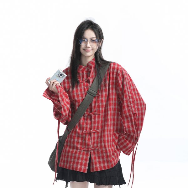 Retro Chinese-Style Red Plaid Short Sleeve Shirt for Women - Unique Loose Fit, Vintage-Inspired Fashion