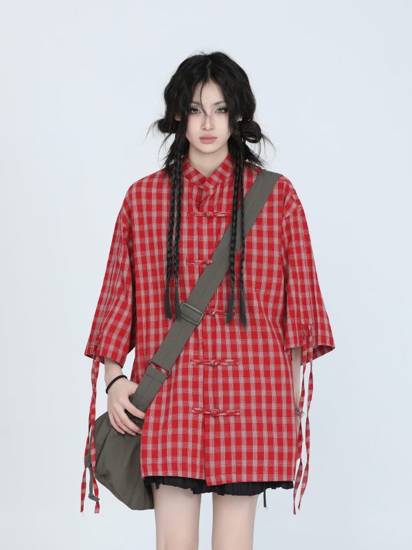 Retro Chinese-Style Red Plaid Short Sleeve Shirt for Women - Unique Loose Fit, Vintage-Inspired Fashion