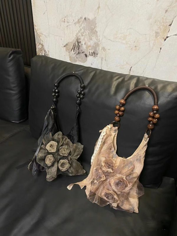 Retro Chinese Style Rose Floral Pleated Tote Bag - Large Capacity Shoulder Bag for Commuting