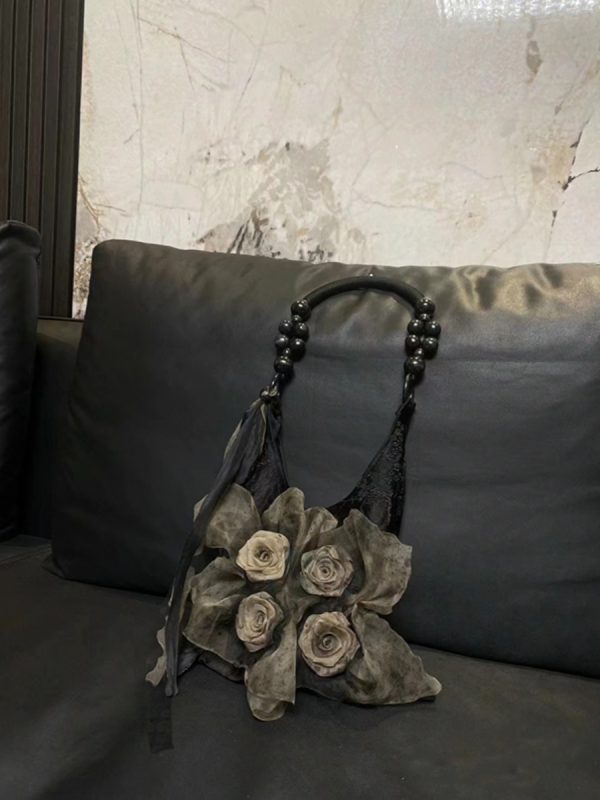 Retro Chinese Style Rose Floral Pleated Tote Bag - Large Capacity Shoulder Bag for Commuting