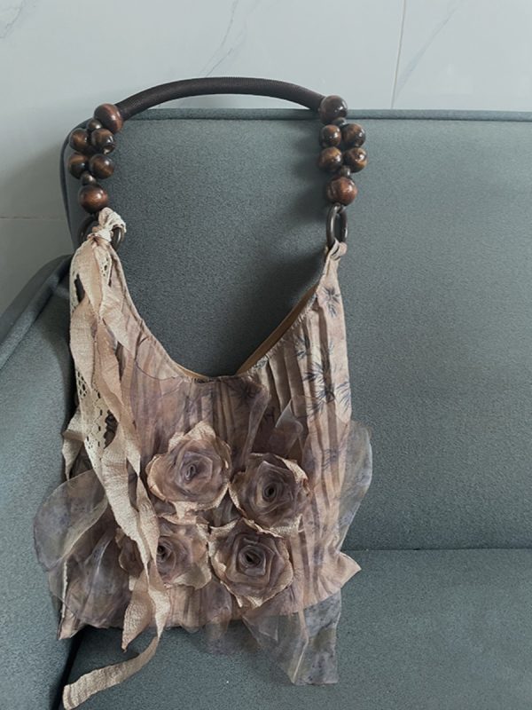Retro Chinese Style Rose Floral Pleated Tote Bag - Large Capacity Shoulder Bag for Commuting
