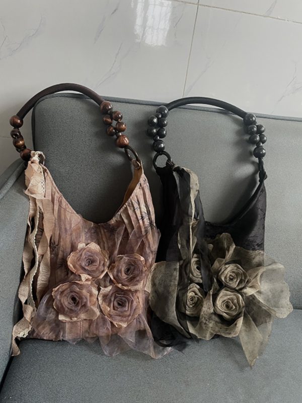 Retro Chinese Style Rose Floral Pleated Tote Bag - Large Capacity Shoulder Bag for Commuting