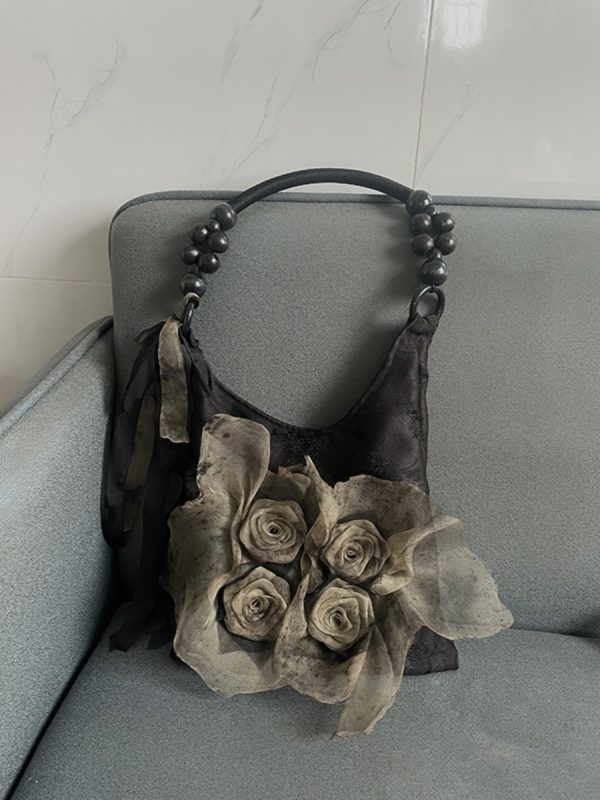 Retro Chinese Style Rose Floral Pleated Tote Bag - Large Capacity Shoulder Bag for Commuting