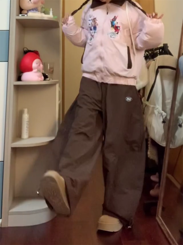 Retro Coffee-Colored Work Pants for Women - Loose Fit, Wide-Leg, Floor-Length Casual Trousers, American-Style, 90s Inspired