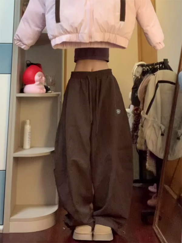 Retro Coffee-Colored Work Pants for Women - Loose Fit, Wide-Leg, Floor-Length Casual Trousers, American-Style, 90s Inspired