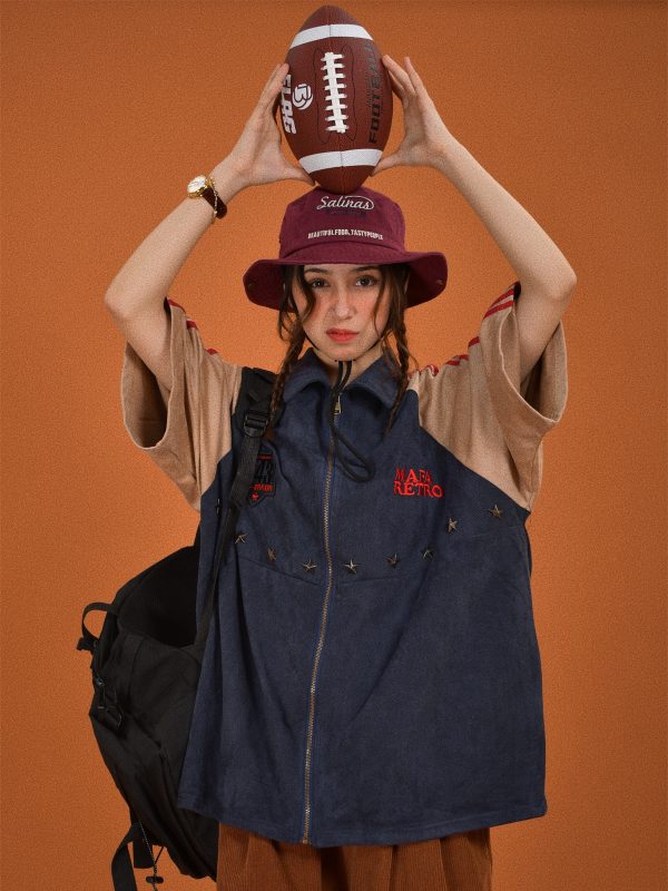 Retro Color Block Embroidered Short Sleeve Shirt - Suede Velvet Summer Loose Fit with Double Stripe - Trendy 90s Style