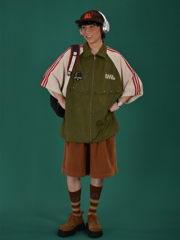 Retro Color Block Embroidered Short Sleeve Shirt - Suede Velvet Summer Loose Fit with Double Stripe - Trendy 90s Style