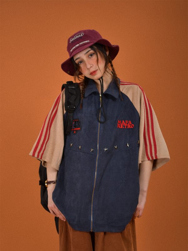 Retro Color Block Embroidered Short Sleeve Shirt - Suede Velvet Summer Loose Fit with Double Stripe - Trendy 90s Style