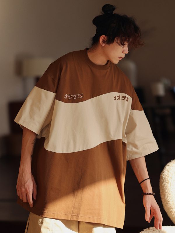Retro Color-Blocked Japanese T-Shirt for Men - Short Sleeve Casual Minimalist Summer Trend