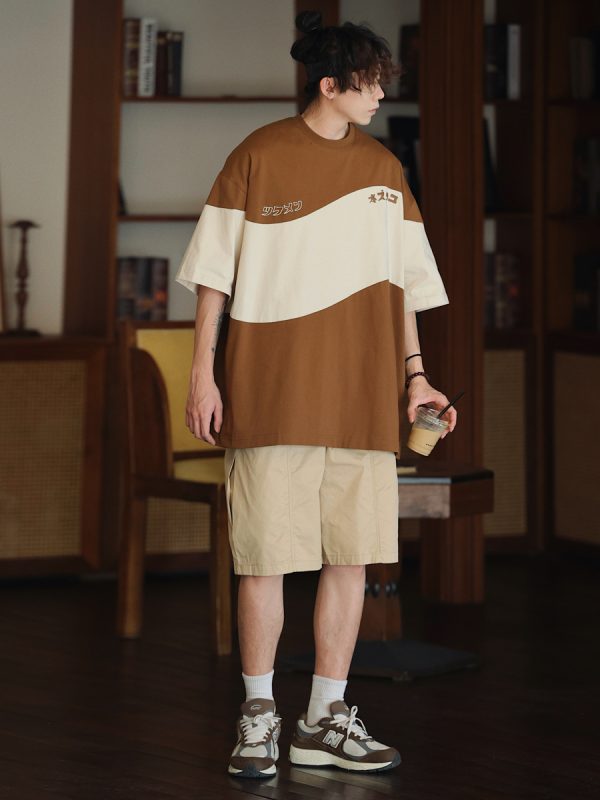 Retro Color-Blocked Japanese T-Shirt for Men - Short Sleeve Casual Minimalist Summer Trend