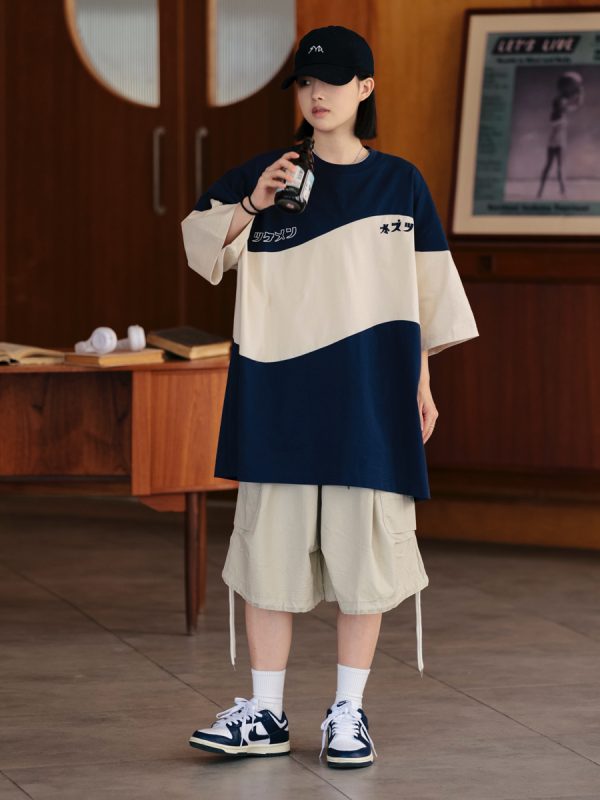 Retro Color-Blocked Japanese T-Shirt for Men - Short Sleeve Casual Minimalist Summer Trend