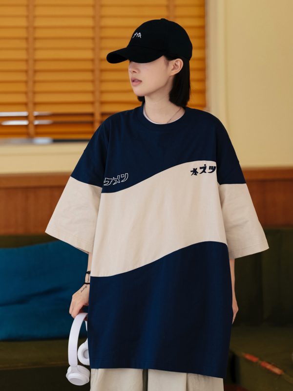 Retro Color-Blocked Japanese T-Shirt for Men - Short Sleeve Casual Minimalist Summer Trend