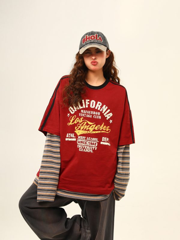 Retro Color-Blocking Loose-Fit Round Neck Long Sleeve T-Shirt for Women - Casual Spring Style, Two-Piece Look