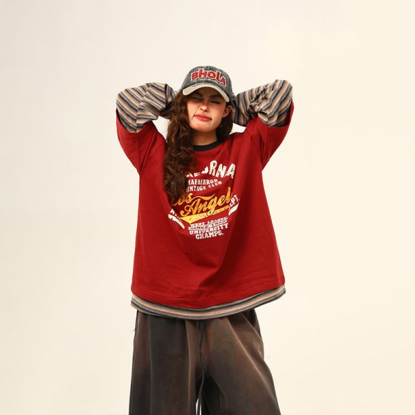 Retro Color-Blocking Loose-Fit Round Neck Long Sleeve T-Shirt for Women - Casual Spring Style, Two-Piece Look