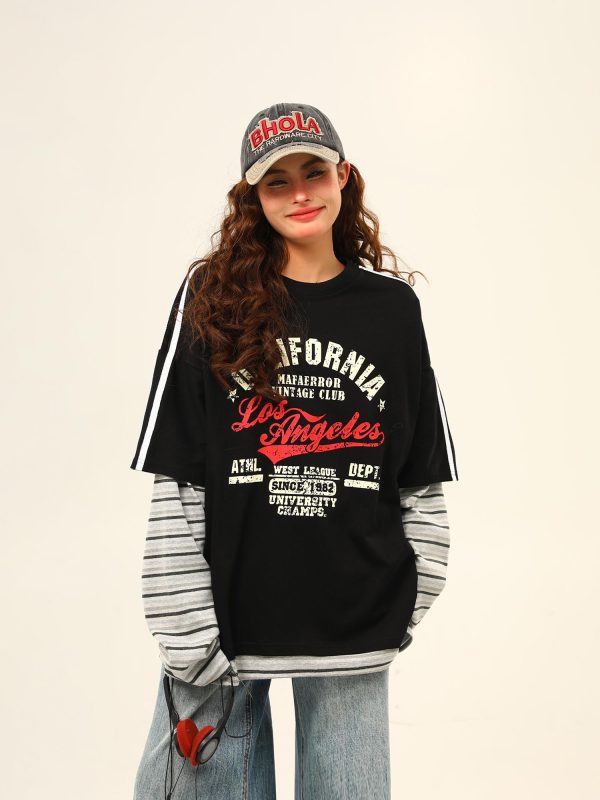 Retro Color-Blocking Loose-Fit Round Neck Long Sleeve T-Shirt for Women - Casual Spring Style, Two-Piece Look