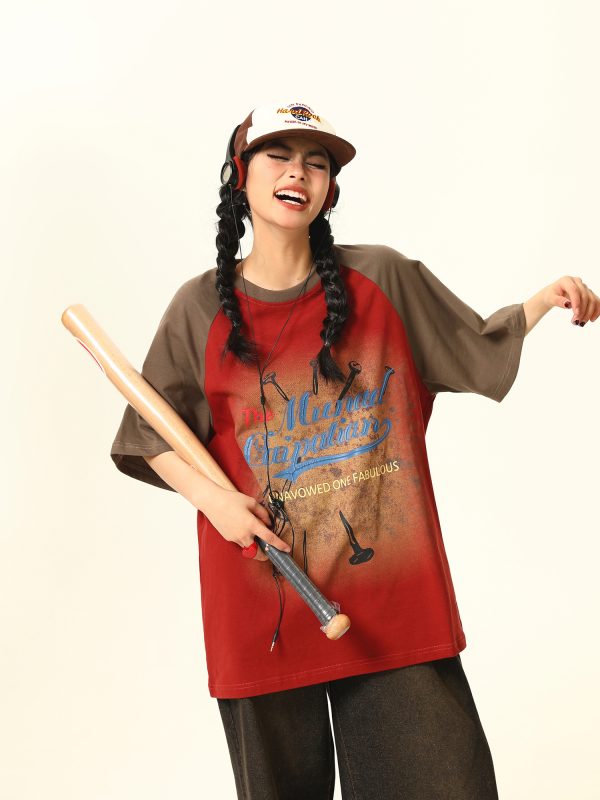 Retro Color-Blocking Raglan Short Sleeve T-Shirt for Women - American Style Summer Loose Tee