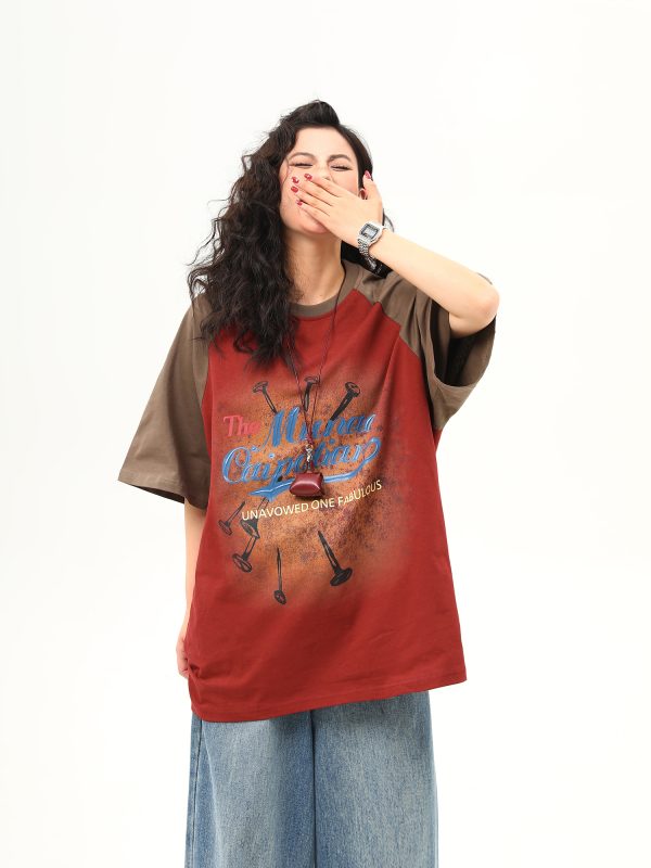 Retro Color-Blocking Raglan Short Sleeve T-Shirt for Women - American Style Summer Loose Tee