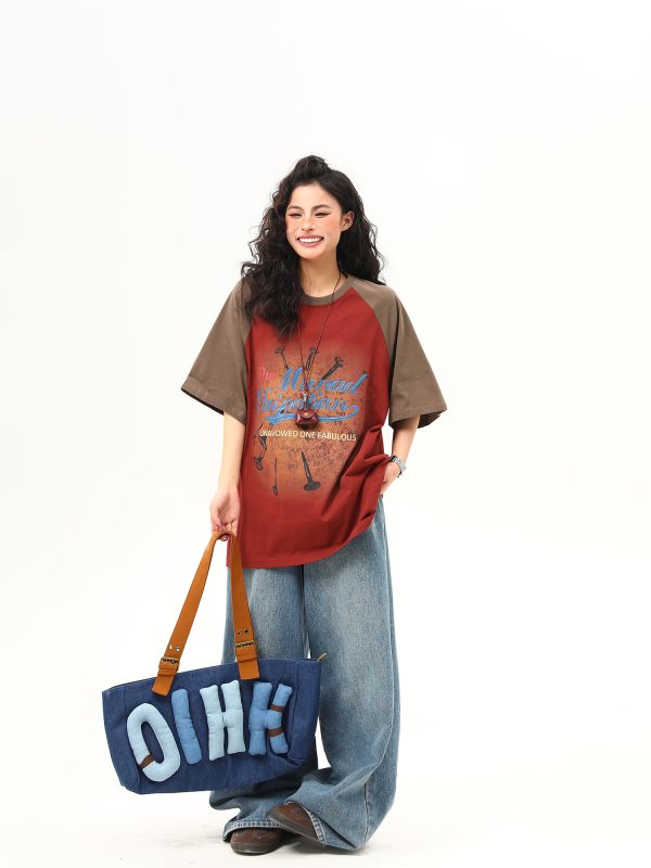 Retro Color-Blocking Raglan Short Sleeve T-Shirt for Women - American Style Summer Loose Tee