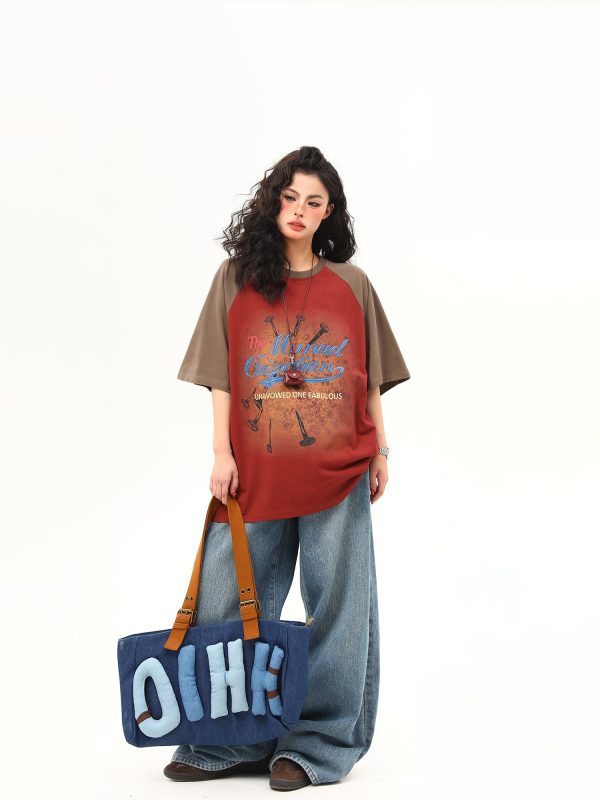 Retro Color-Blocking Raglan Short Sleeve T-Shirt for Women - American Style Summer Loose Tee