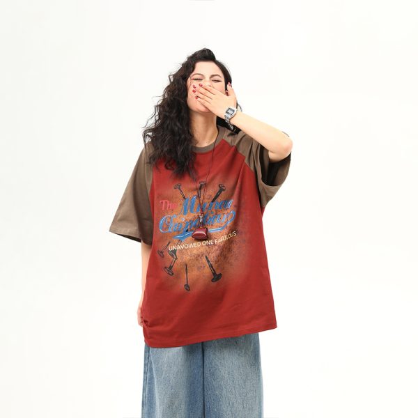 Retro Color-Blocking Raglan Short Sleeve T-Shirt for Women - American Style Summer Loose Tee
