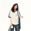 Retro Color-Blocking V-Neck Waffle Short Sleeve T-Shirt for Women, Versatile Couple's Top, Y2K Style