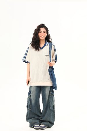 Retro Color-Blocking V-Neck Waffle Short Sleeve T-Shirt for Women, Versatile Couple's Top, Y2K Style