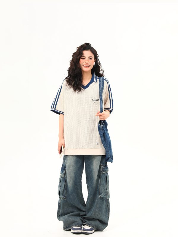 Retro Color-Blocking V-Neck Waffle Short Sleeve T-Shirt for Women, Versatile Couple's Top, Y2K Style