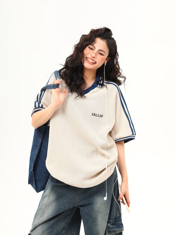 Retro Color-Blocking V-Neck Waffle Short Sleeve T-Shirt for Women, Versatile Couple's Top, Y2K Style